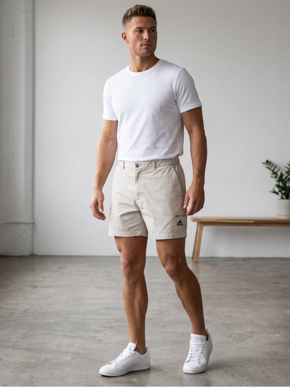 Men's Beige Khaki Tan Flat Front Athletic Casual Shorts, Waist 38, 5” inseam